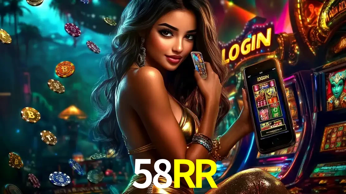 Mulher em um cenário de cassino temático de aventura, mostrando o app de caça-níqueis da 58RR no celular. Fichas de apostas flutuam ao redor.