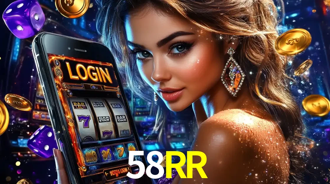 Mulher glamorosa segurando um smartphone com a tela de login para os jogos de caça-níqueis do cassino online 58RR, com moedas de ouro e dados ao redor.